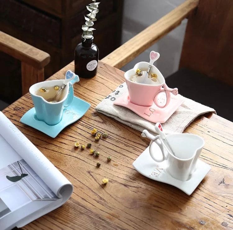 180ML Ceramic Creative Heart-shaped Couple Mug, Cute Ceramic Coffee Set With Handle And Spoon, Camping Ceramic Coffee Mug