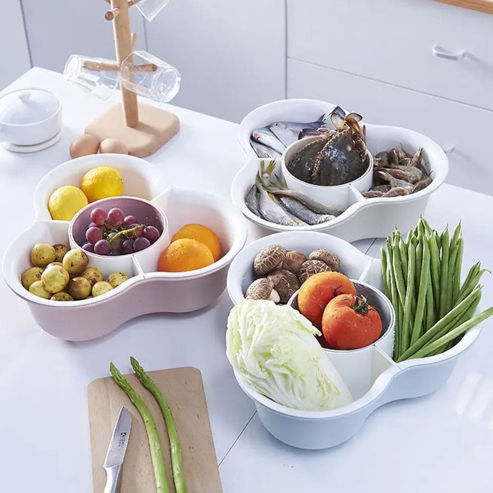 Mickey Shaped Vegetable Basket, 4 Compartments Wash Basin Basket, Creative Household Wash Basket, Double Multi Grid Basket, Fruit Tray Drain Basket