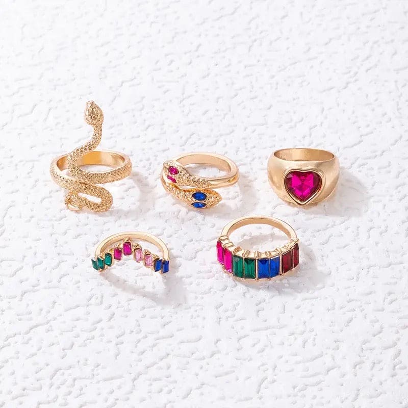 Multicolor Stone Heart Snake Ring Set For Women, Colorful Crystal Stone Snake Joint Ring Sets