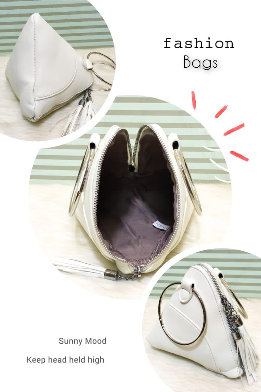 New Metal Handle Triangle Tassel Women Wrist Handbags, New Tassel Zipper Shoulder Bag For Women, Round Handle Women Handbags, Leather Wrist Clutch Bag