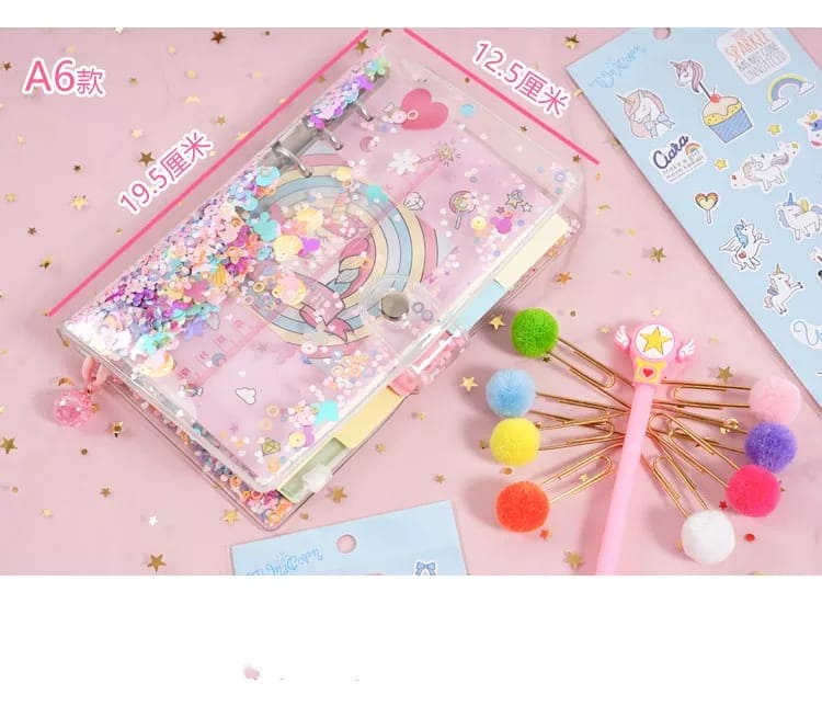 Unicorn Spiral Notebook Set, Weekly Planner Diary Paper Notepad, Pink Sequin Petal Transparent Unicorn Notebook Set