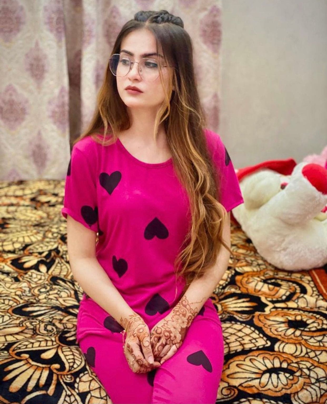 Pink Half Sleeves Women's Hearts Nightsuit For Summers