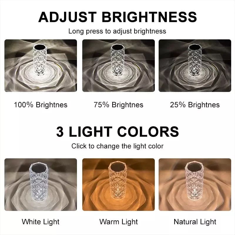 Rose Crystal Rechargeable Table Lamp, Diamond Touch Sensor Battery Desk Lamp, LED Romantic Desk Light, RGB Remote Control Night Light Projection Table Lamp