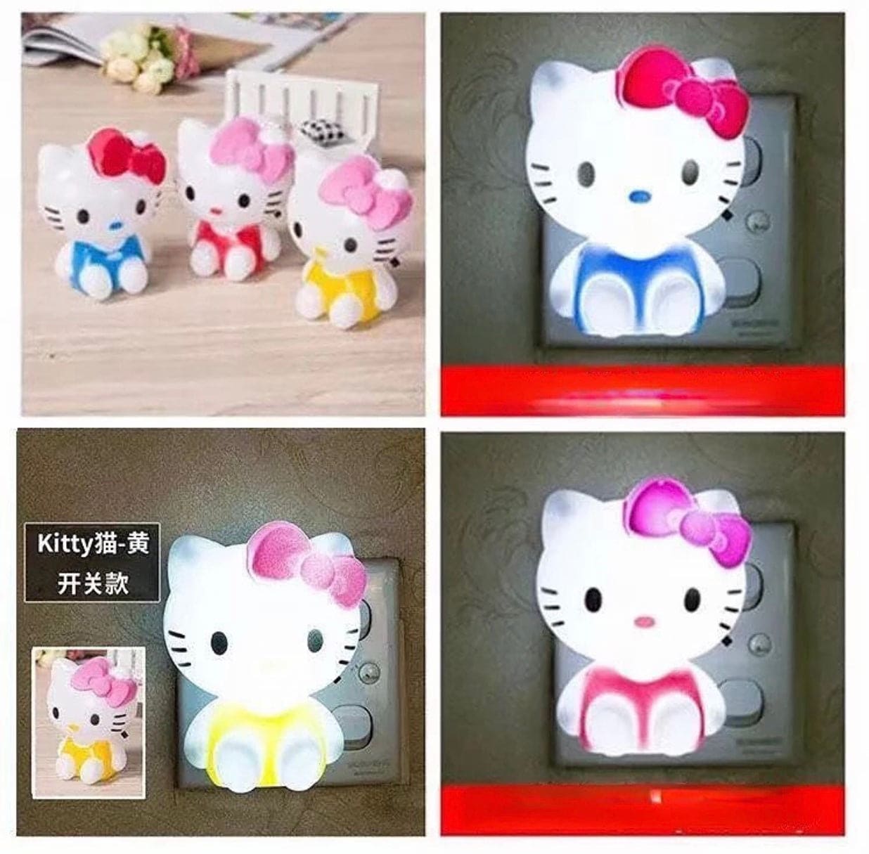 Hello Kitty Night Light, Cartoon Kitty Modeling Tri  Color LED Night Light, Eye Protection Plug Lamp