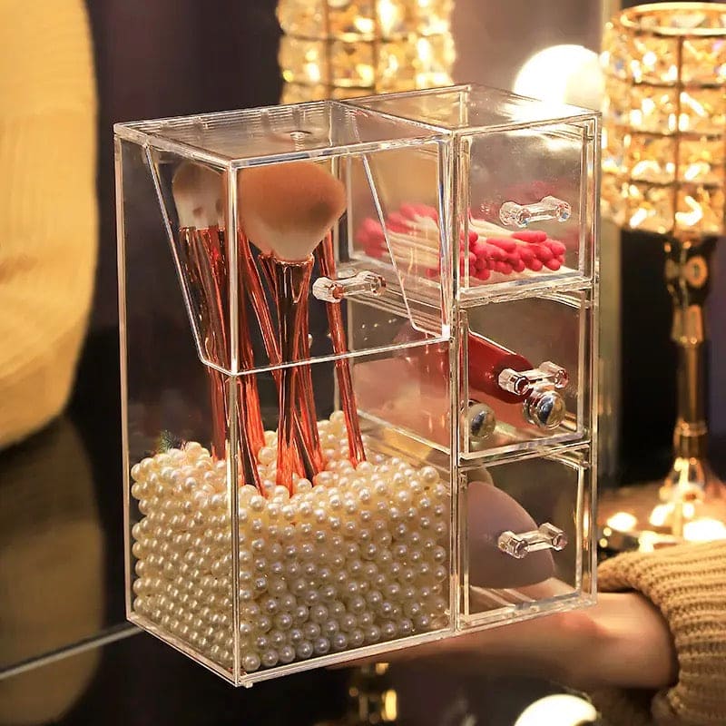 Pearl Acrylic Makeup Brushes Holder, Lipstick Nail Polish Jewelry Display Holder, Transparent Cosmetic Organizer Box, Clear Cosmetic Organizer With Lid Drawer, Multifunctional Makeup Brush Holder, Drawer Lipstick Makeup Brushes Holder