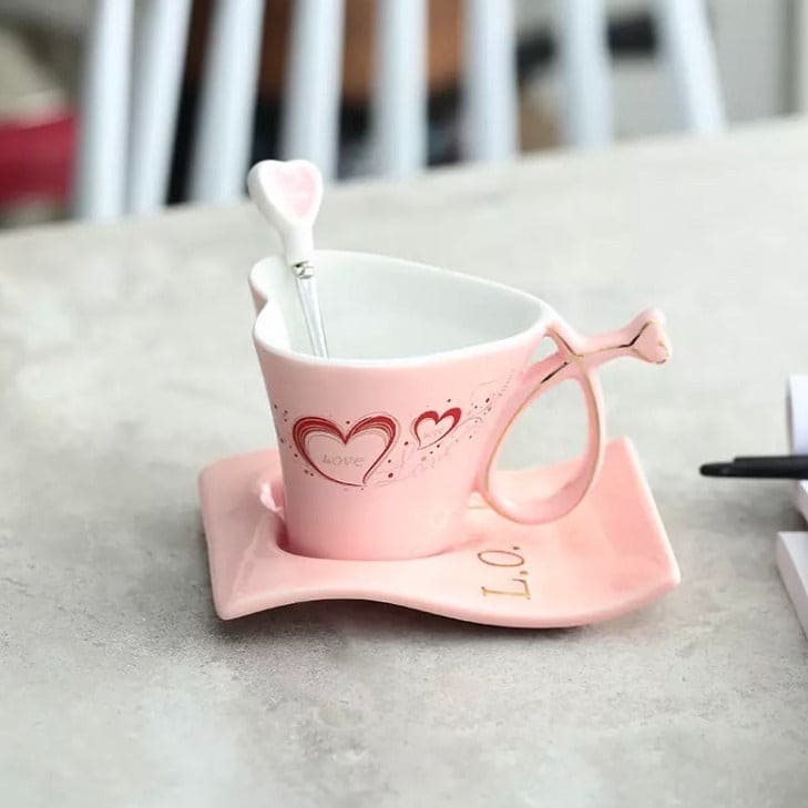 180ML Ceramic Creative Heart-shaped Couple Mug, Cute Ceramic Coffee Set With Handle And Spoon, Camping Ceramic Coffee Mug
