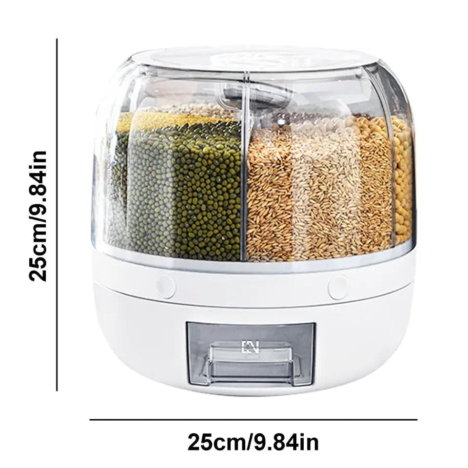 6 Grid Round Cereal Dispenser, 360° Rotatable Rice Barrels, Multi Compartment Grain Dispenser, Rotary Partition Sealed Jar, Round Rice Storage Tank, Measuring Container Kitchen Grains Rice Storage Bucket Food Organizer