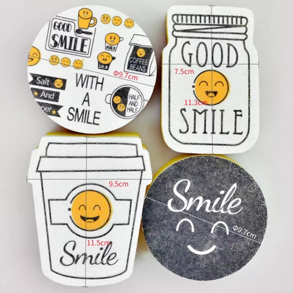 4 Pcs Creative Smiley Face Thick Dishwashing Sponges, Kitchen Double-Sided Scouring Pads, Strong Decontamination Dish Washing Cleaner, Household Pot Washing And Bowl Cleaning Sponges