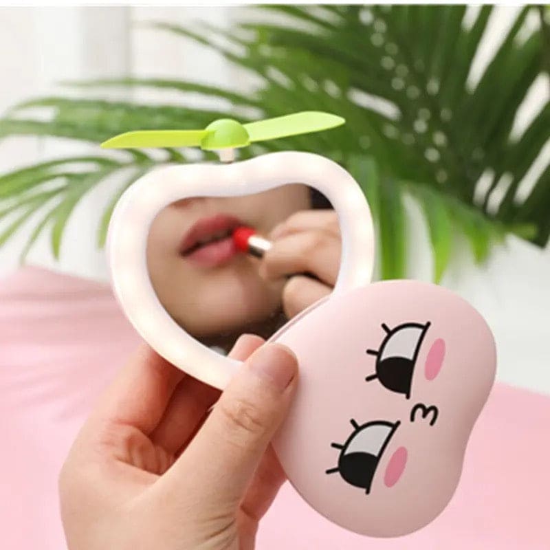 Mini Multifunctional LED Makeup Mirror With Fan, Mini Handheld Compact Mirror with Fan, Portable USB Charging Handheld Fan, Personal Handheld Fan And Makeup Mirror, Heart Lighting Mirror With Fan