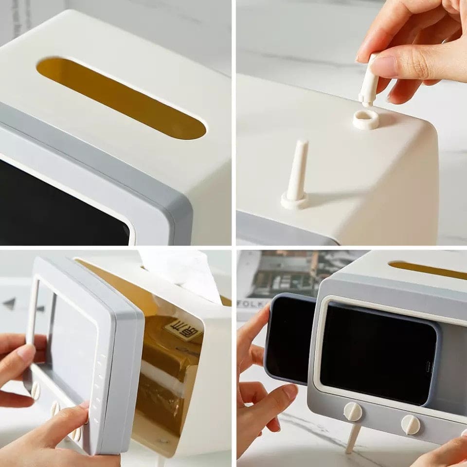 Creative 2 In 1 TV Shape Tissue Box, Desktop Paper Holder, Dispenser Storage Napkin Case, Mobile Phone Holder Organizer