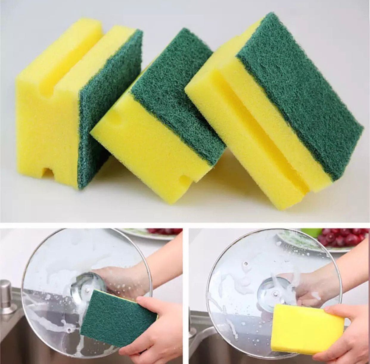 3pcs Sponge With Plastic Spongematic Sponge Holder, Kitchen Grease Cleaner, Handheld Washing Brush With Holder