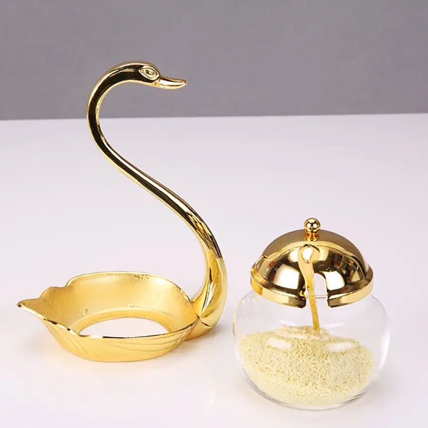 Luxury Swan Sugar Pot, Aluminum Condiment Pot, Seasoning Container Spice Glass Jar, Salt Sugar Bowl Pepper Container, Tableware Dinnerware Home Table Decor, Storage Organizer Swan Rack, Aluminum alloy Condiment Organizer