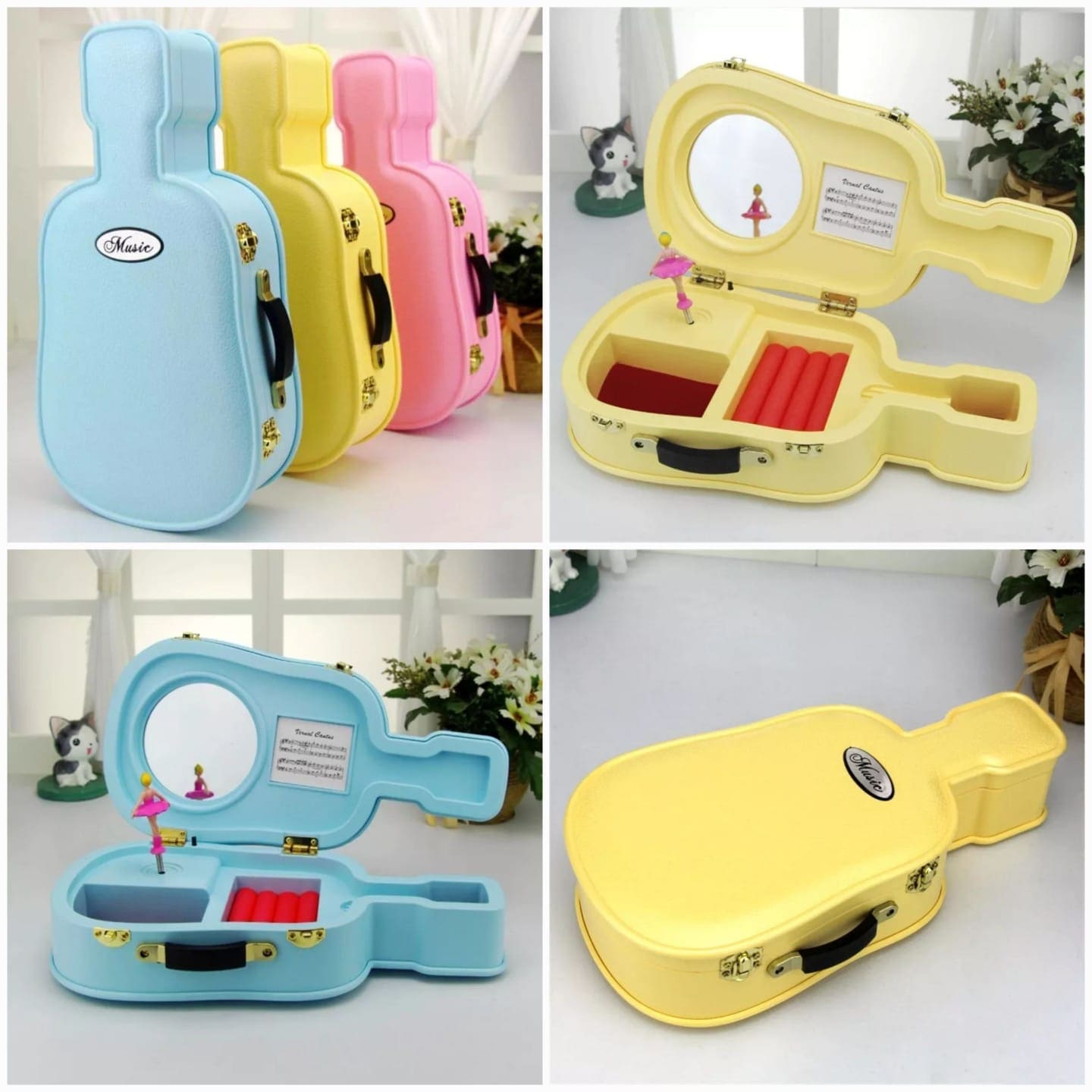 Guitar Music Storage Box, Violin Music Jewelry Box, Creative Suitcase Style Music Jewelry Cosmetics Storage Box, Rotating Ballerina Girl Toy For Kid, Guitar Violin Dancing, Student Leather Children Girl Jewellery Box