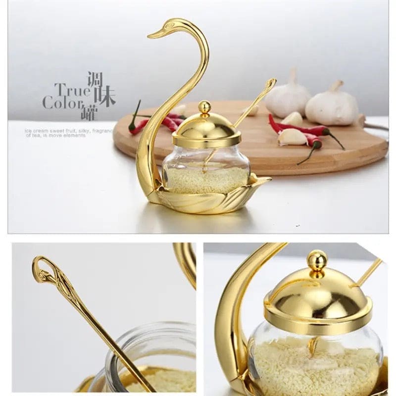 Luxury Swan Sugar Pot, Aluminum Condiment Pot, Seasoning Container Spice Glass Jar, Salt Sugar Bowl Pepper Container, Tableware Dinnerware Home Table Decor, Storage Organizer Swan Rack, Aluminum alloy Condiment Organizer