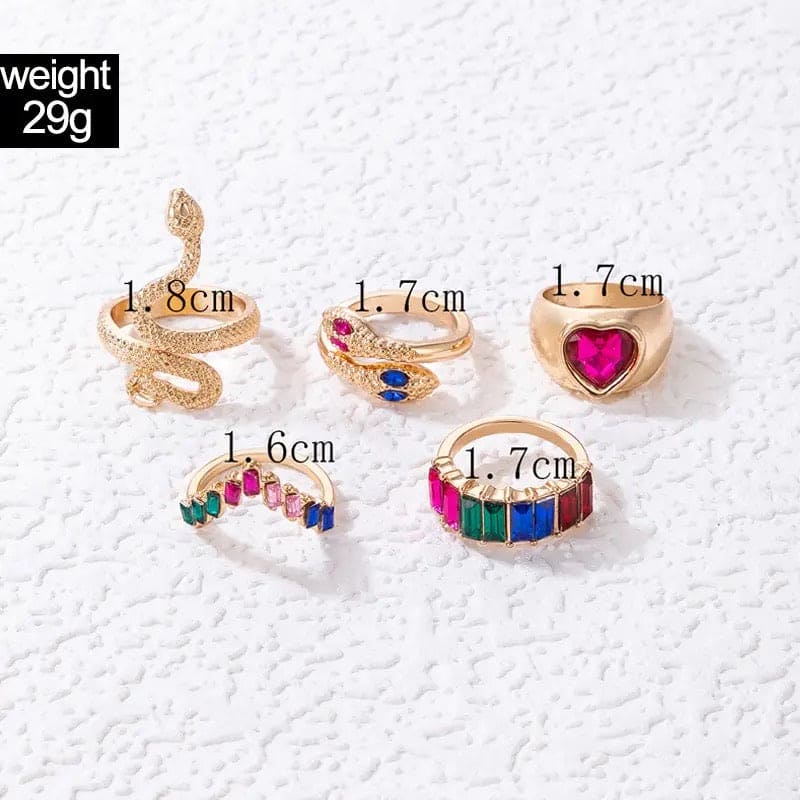 Multicolor Stone Heart Snake Ring Set For Women, Colorful Crystal Stone Snake Joint Ring Sets