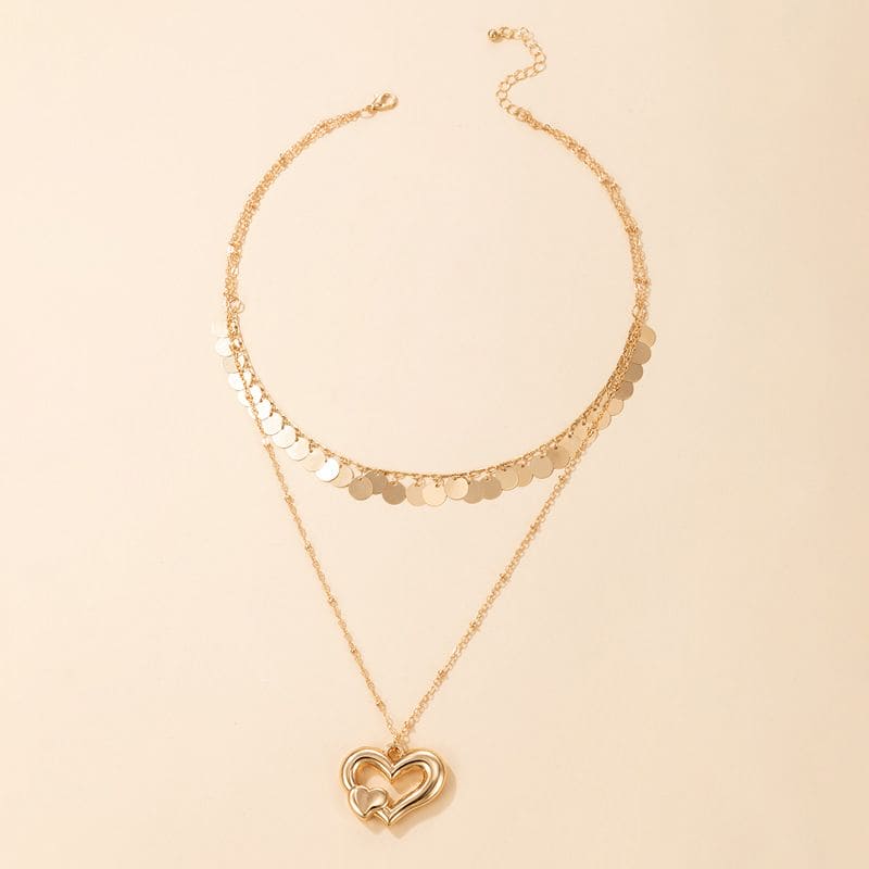 Love Heart Chain Pendant, Multilevel Heart Necklace For Women, Vintage Simulated Gold Pendant,  Double Layer Choker Necklace, Heart Charms Long Chain Necklace