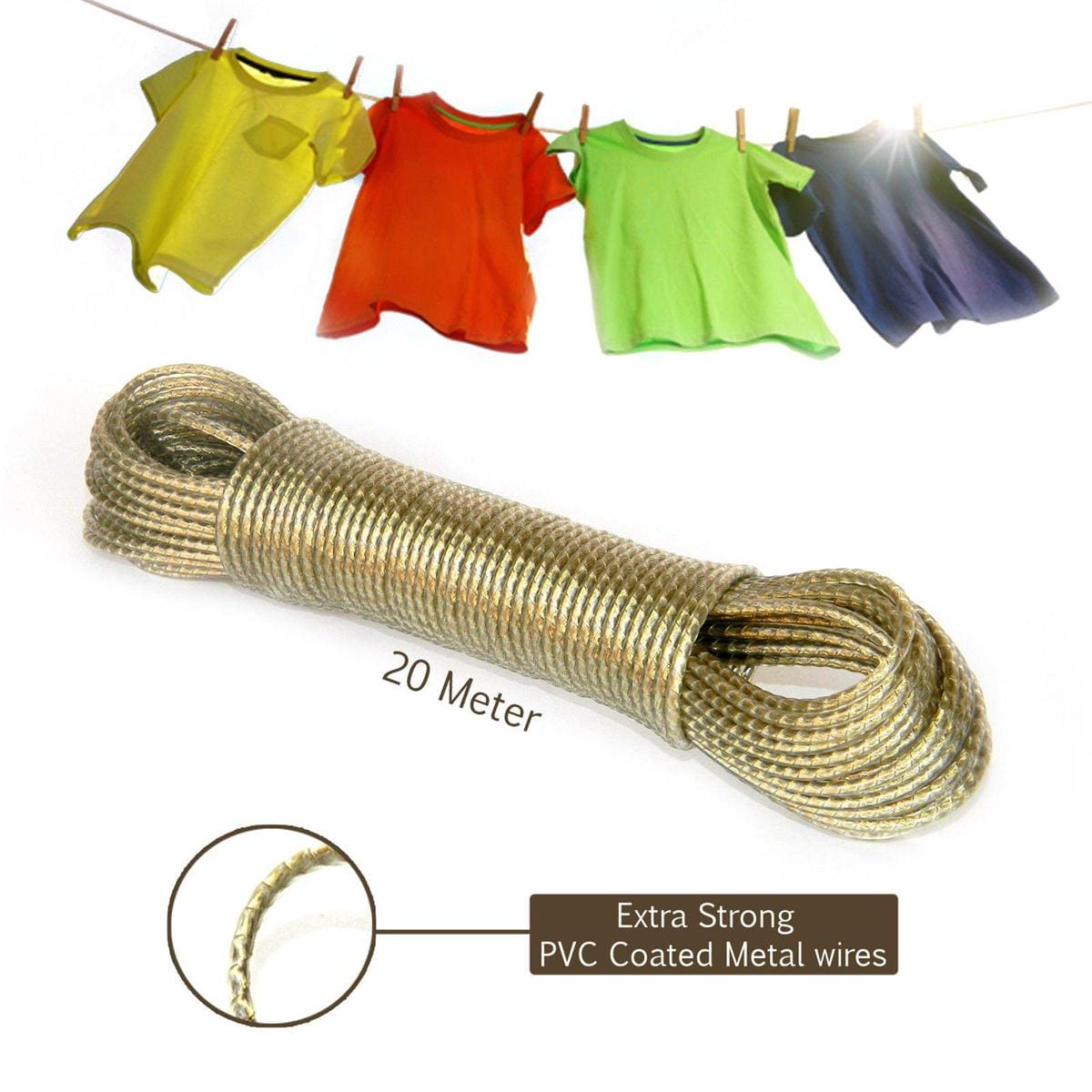 Metal Clothes Line, 20m Washing Line Rope, Steel Core Laundry Clothes Lines, Thick Strong Plastic PVC Cover Garden Indoor Outdoor Travel, Wall Mounted Laundry Drying String