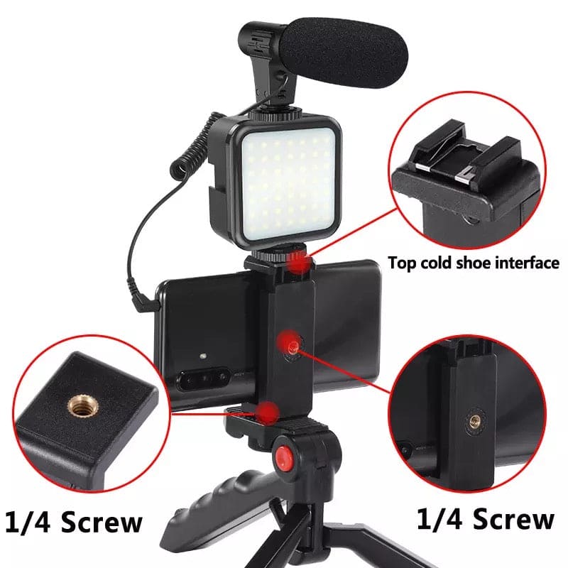 Portable Smart Vlogging Video Kit With Microphone Bracket, LED Selfie Light, Go Viral Vlogging Kit