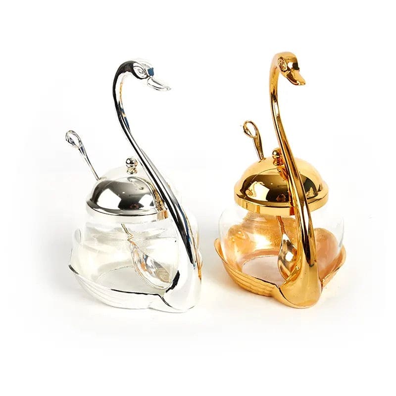 Luxury Swan Sugar Pot, Aluminum Condiment Pot, Seasoning Container Spice Glass Jar, Salt Sugar Bowl Pepper Container, Tableware Dinnerware Home Table Decor, Storage Organizer Swan Rack, Aluminum alloy Condiment Organizer