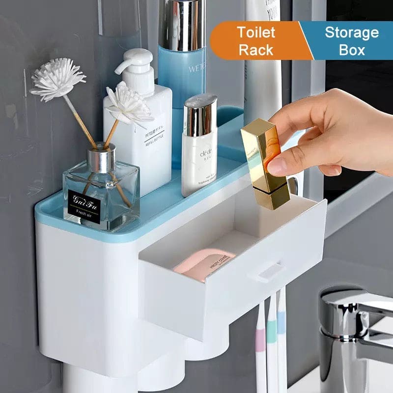Magnetic Adsorption Inverted Toothbrush Holder, Automatic Toothpaste Squeezer Dispenser, Magnetic Toothbrush Holder With Cups, Wall Mount Multi-purpose Toiletries Storage Rack, Space Saving Toothbrush Organizer, Space Saving Toothbrush Organizer