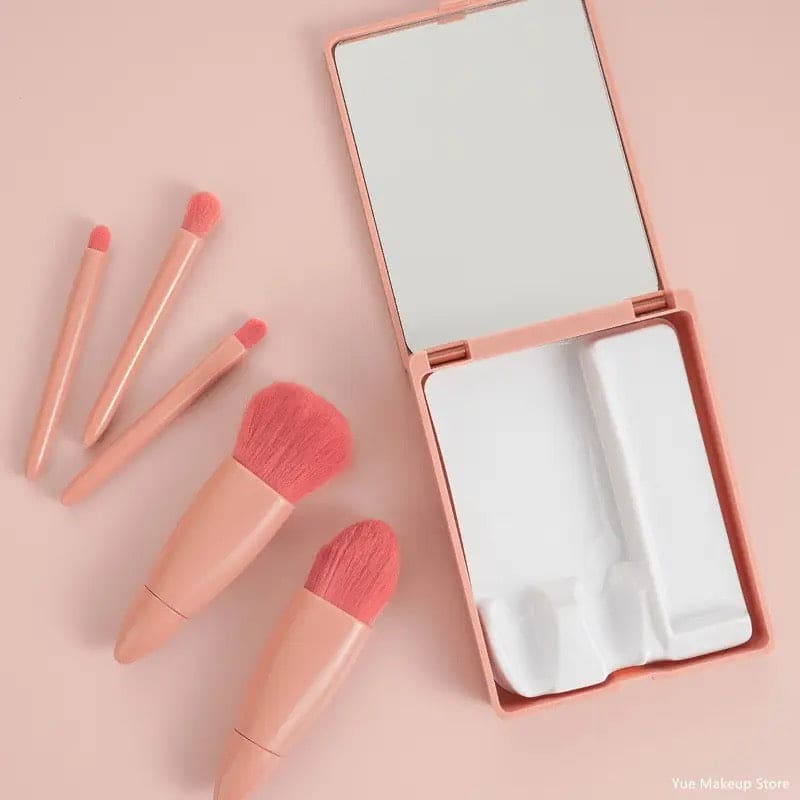 5 Pcs Mini Travel Makeup Brush Set, Portable Makeup Brush Box With Mirror, Giant Soft Loose Powder Blush Eye Shadow Cosmetic Brushes, Mini Makeup Brush, Reusable Artificial Fibers Eyeshadow Beauty Makeup Brush, Portable Blush Brush, Concealer Brush