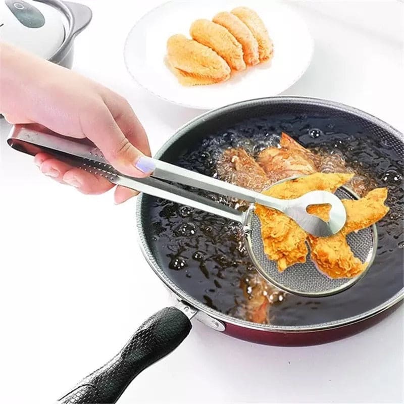 2 in 1 Frying Kitchen Tong with Strainer, Stainless Steel Frying Filter Clip, Deep Frying and Drain Oil Fried Food Tong
