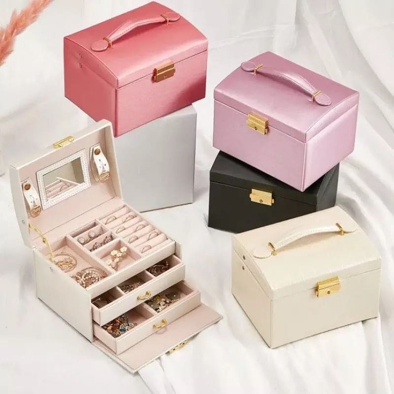 3 Layer Luxurious Large Capacity Jewellery Organizer,  Large Capacity Display Holder, Earring Ring Bracelet Storage Case for Women, Double Drawer Leather Jewelery Box,  Earring Bracelet Holder Organizer With Mirror