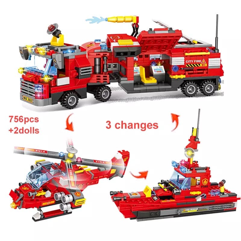 8 in 1 City Command Vehicle Model Building  Blocks, Firefighter Team Rescue Plane Boat Fireman Figure Brick