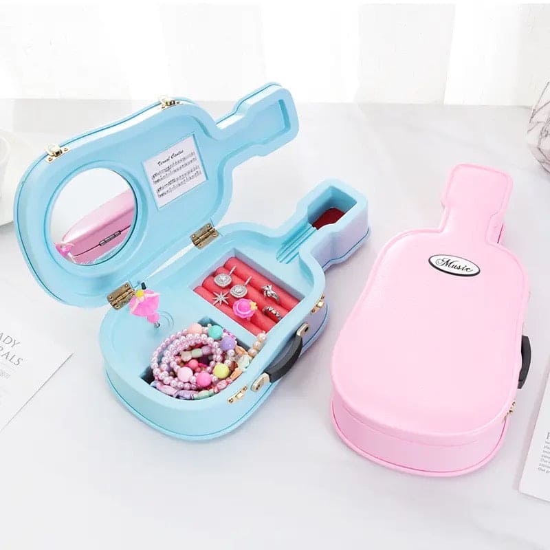 Guitar Music Storage Box, Violin Music Jewelry Box, Creative Suitcase Style Music Jewelry Cosmetics Storage Box, Rotating Ballerina Girl Toy For Kid, Guitar Violin Dancing, Student Leather Children Girl Jewellery Box