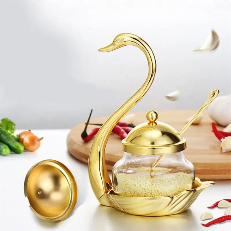 Luxury Swan Sugar Pot, Aluminum Condiment Pot, Seasoning Container Spice Glass Jar, Salt Sugar Bowl Pepper Container, Tableware Dinnerware Home Table Decor, Storage Organizer Swan Rack, Aluminum alloy Condiment Organizer