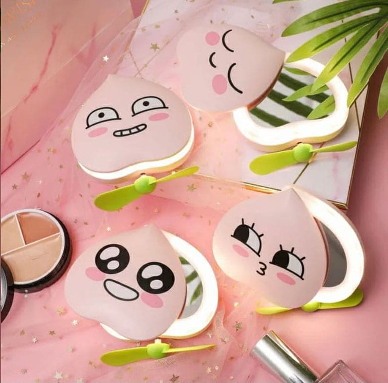 Mini Multifunctional LED Makeup Mirror With Fan, Mini Handheld Compact Mirror with Fan, Portable USB Charging Handheld Fan, Personal Handheld Fan And Makeup Mirror, Heart Lighting Mirror With Fan
