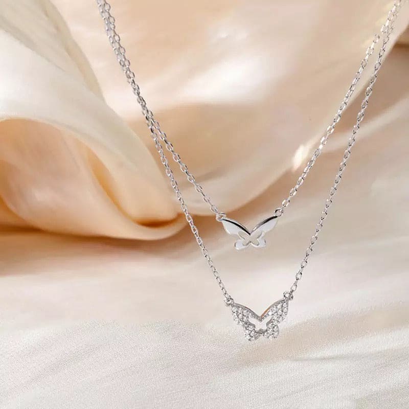 Sterling Silver Double Layer Butterfly Necklace, Double Layer Women's Butterfly Pendant