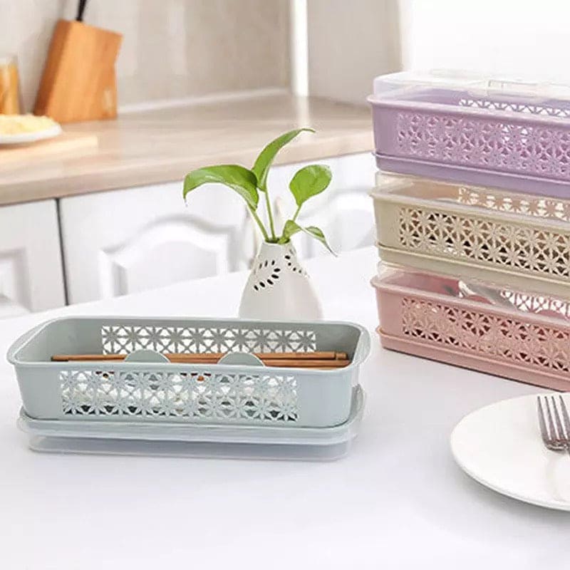 Double Layer Drain Chopstick Storage Box, Spoon Fork Tableware Box, Storage Rack With Cover, Dustproof Kitchen Tool Organizer, Spoon Knife Fork Box With Lid Draining Tray, Tableware Organizer Supplies