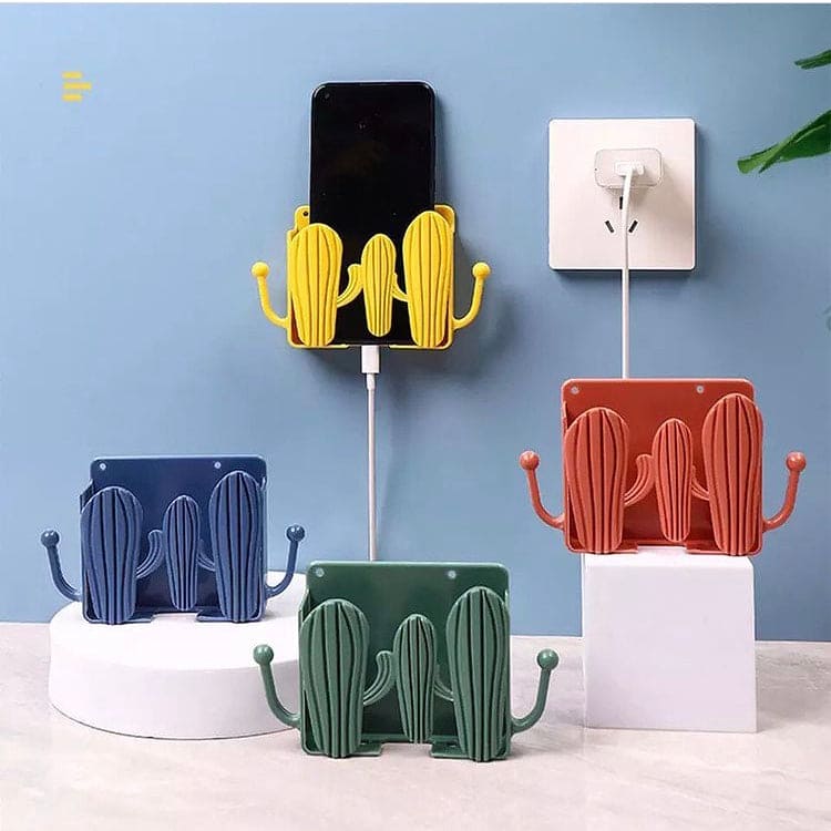 Wall Mounted Self Adhesive Cactus Shaped Charger Phone Bracket Holder, Wall Mounted Remote Control Storage Box, Mobile Phone Charging Stand