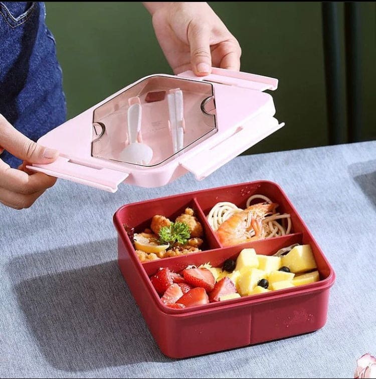 Microwave Oven Lunch Box With Spoon, 2 Compartment Plastic Divided Food Storage Container, Portable Food Grade Plastic Lunch Box, Portable Hermetic Bento Box