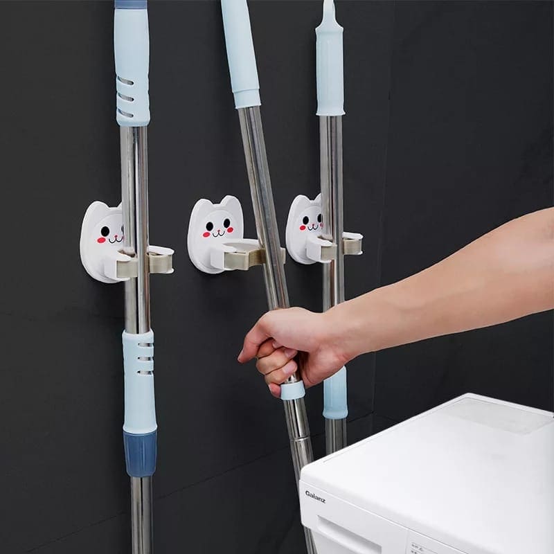 Cute Cat Mop Holder, Wall Mounted Plastic Broom Hanger, Cute Cat Shaped Bathroom Suction Mop Clip, Multi-function Durable Wall Mounted Cute Drag Hook, Space Saving Kitchen Bathroom Organizer