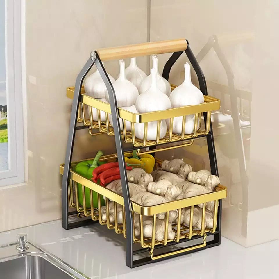 2 Tier Metal Fruit Basket, Portable Kitchen Storage Countertops Shelf Rack, Fruit Vegetable Household Toiletries