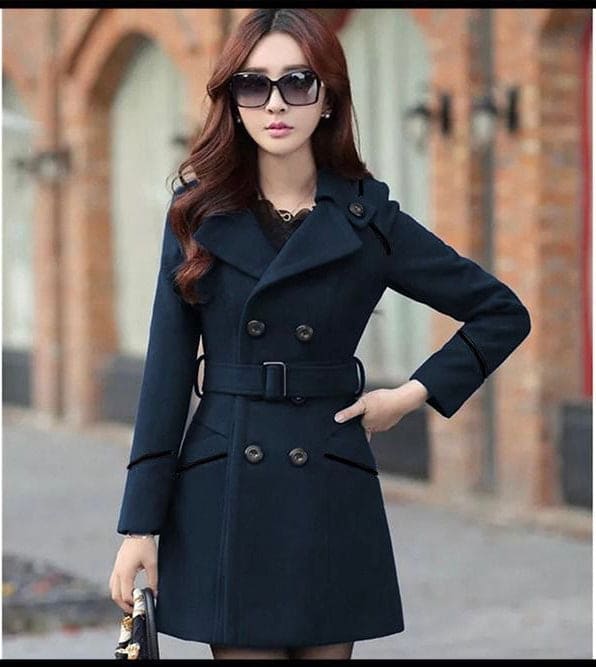 Long Coat With Pocket, Double-Breasted Belt Slim Elegant Ladies Outerwear, Simple Wool Jacket