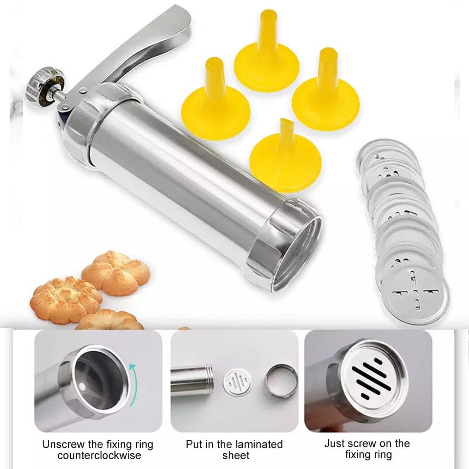 Manual Cookie Press Gun And Icing Set Alloy Churro Maker, Cookie Press Machine, Aluminum Cookie Gun, Biscuit Maker, Manual Cookie Press Stamps Set, Baking Tool With 10 Cookie Molds 4 Nozzles