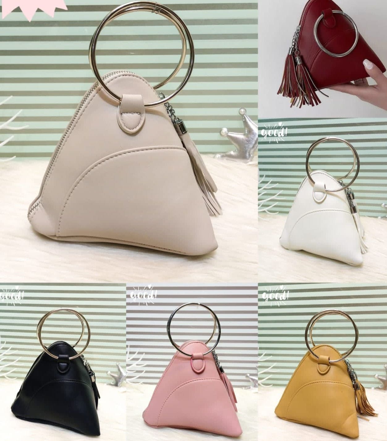 New Metal Handle Triangle Tassel Women Wrist Handbags, New Tassel Zipper Shoulder Bag For Women, Round Handle Women Handbags, Leather Wrist Clutch Bag