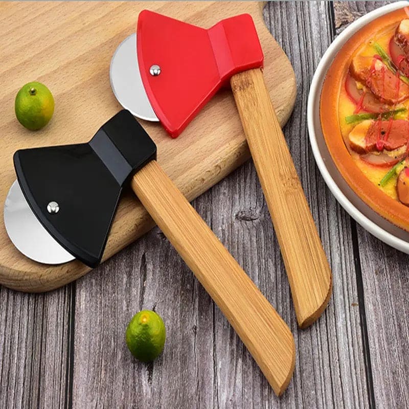 Axe Bamboo Handle Pizza Cutter, Stainless Steel Rotating Blade Pizza Pastry Pasta Dough Cutting Tools, New Portable Round Pizza Pizza Cutter