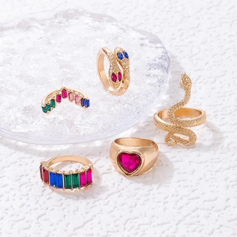 Multicolor Stone Heart Snake Ring Set For Women, Colorful Crystal Stone Snake Joint Ring Sets