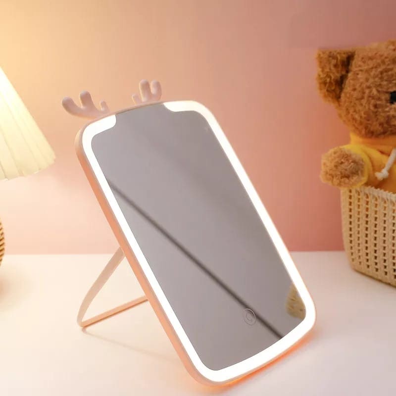 Deer Led Desktop Mirror, Lighted Rechargeable Makeup Mirror, Brightness Adjustable USB Rechargeable Travel Portable Light up Mirror, Touch Screen LED Vanity Mirror