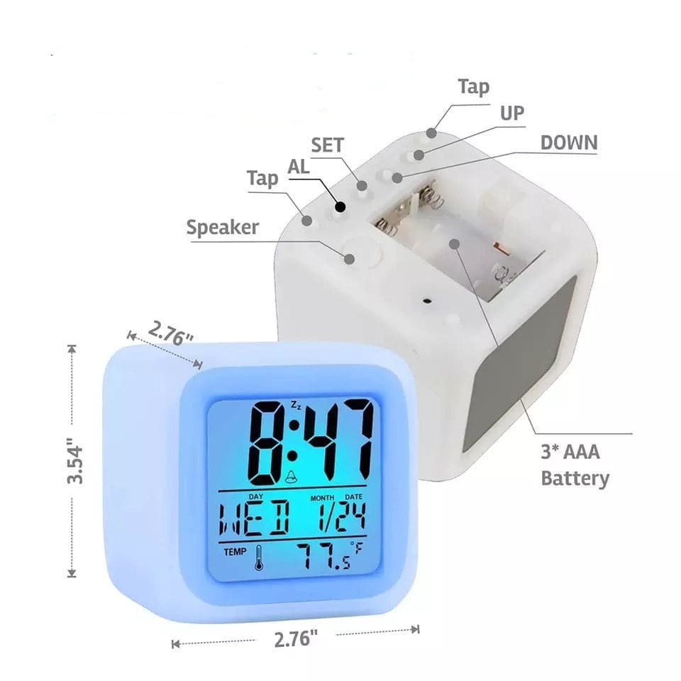 7 LED Color Changing Digital Light Alarm Clock, Thermometer Color Changing Color Electronic Clock, Alarm Clock With LED Flash Light, Cube/Round Snooze Led Alarm, Glowing Alarm Watch