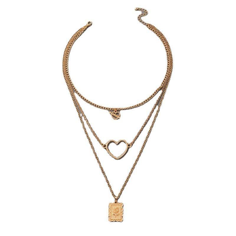 Three Chain Long Necklace, Heart Charms Long Chain Necklace, Multilayer Cute Pink Crystal Heart Charms Metal Long Necklace