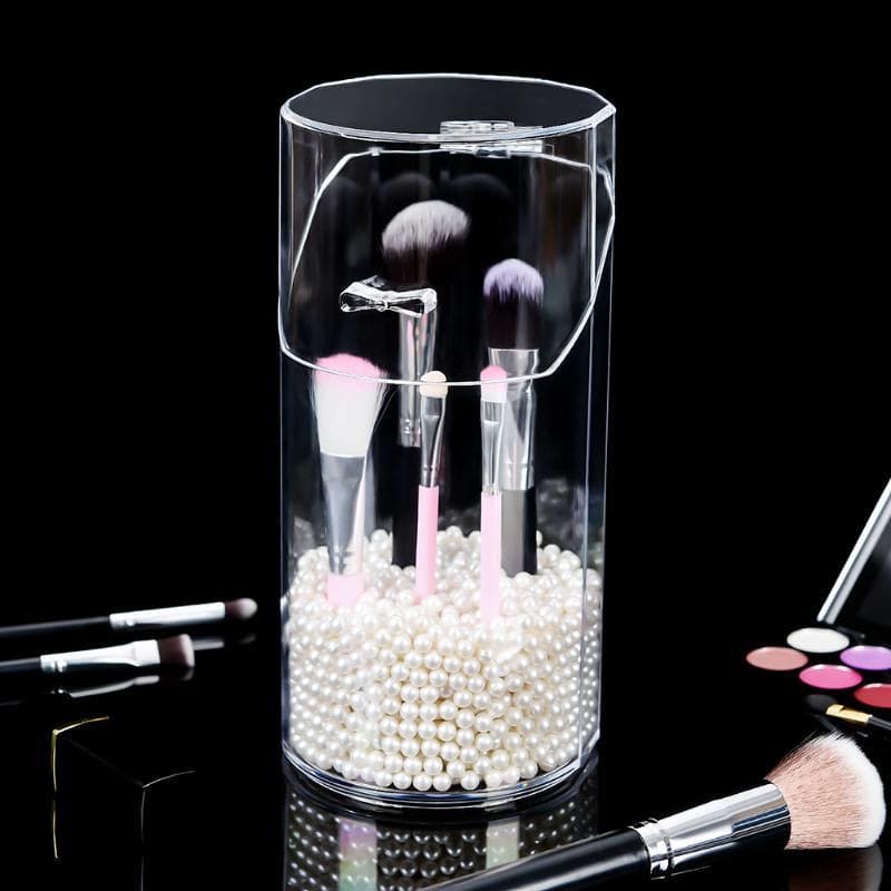 Acrylic Makeup Brush Holder With Pearls, Cosmetic Brush Case With Dustproof Lid, Countertop Brushes Holder, Pearl Organizer