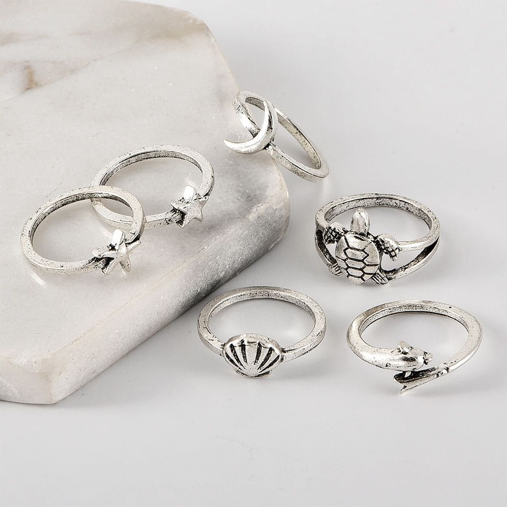 Set Of 6 Vintage Turtle Moon Stars Shell Dolphin Joint Ring, Bohemian Beach Ring Set, Fashion Wave Shell Fishtail Irregular Rings for Women,  Geometric Knuckle Rings Set, Creative Ocean Jewelry