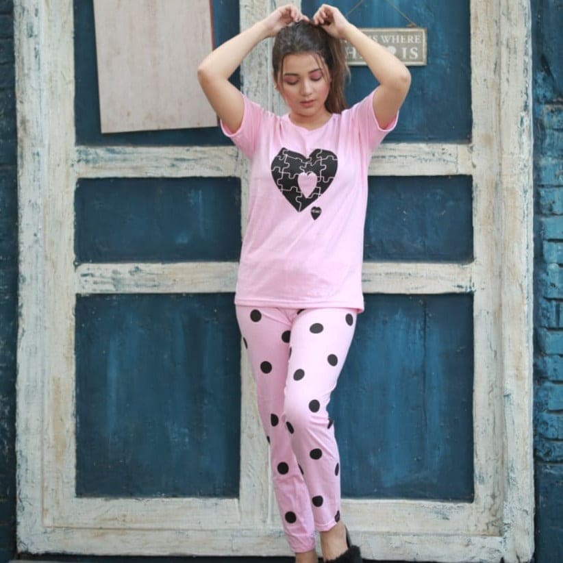 Polka Dots Heart Print Half Sleeves Nightsuit For Women