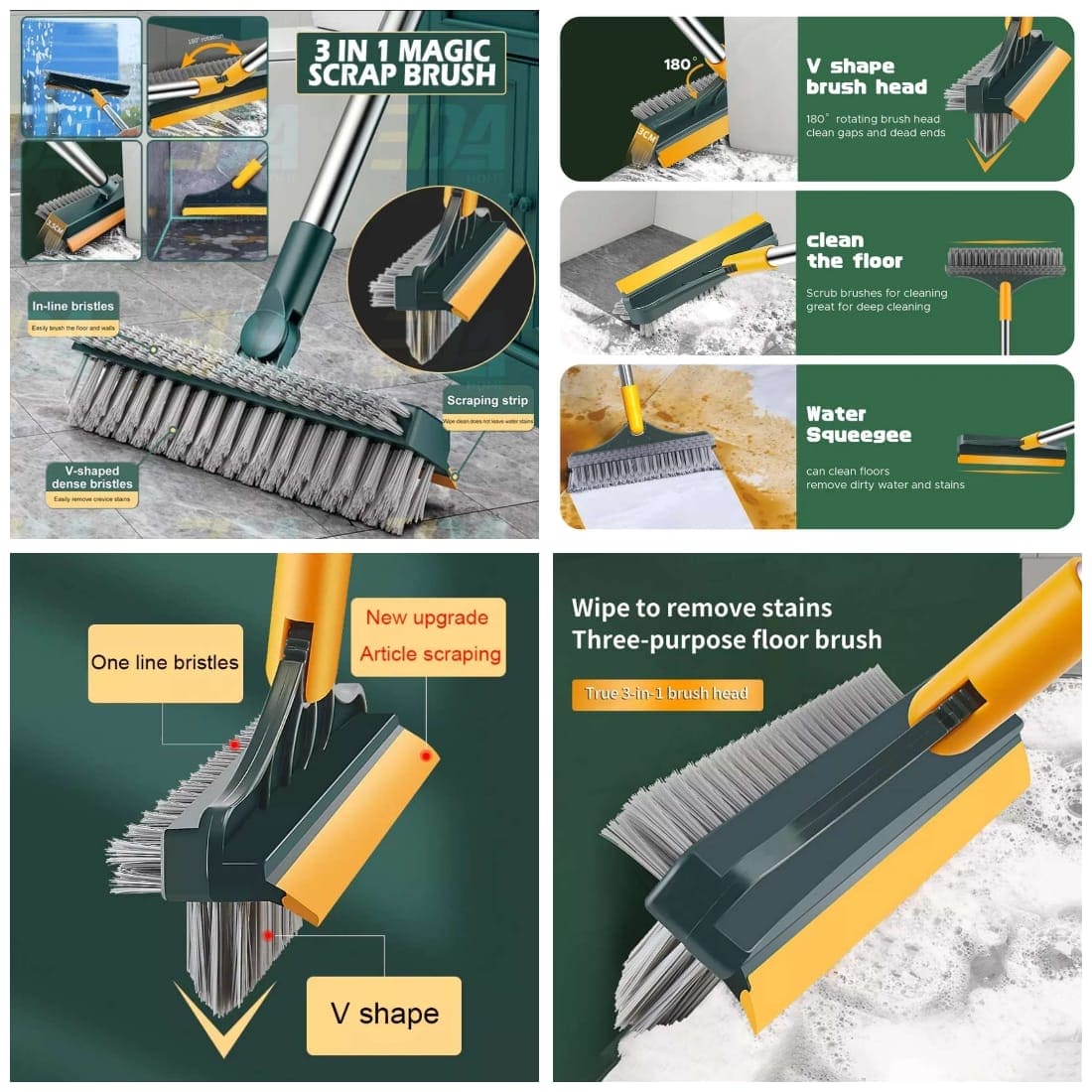 3 In 1 V Shaped Cleaning Brush, Floor Scrub Magic Broom With Long Handle, Floor Cleaning Brush, Long Handle Stiff Broom
