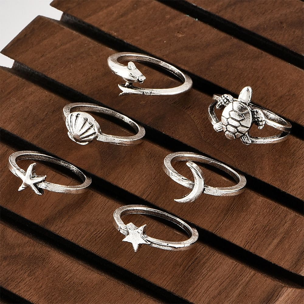 Set Of 6 Vintage Turtle Moon Stars Shell Dolphin Joint Ring, Bohemian Beach Ring Set, Fashion Wave Shell Fishtail Irregular Rings for Women, Geometric Knuckle Rings Set, Creative Ocean Jewellery